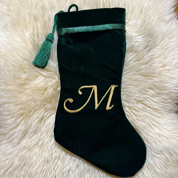 MONOGRAM LETTER INITIAL M GREEN Velvet Satin GOLD Embroidery CHRISTMAS STOCKING - Picture 1 of 7